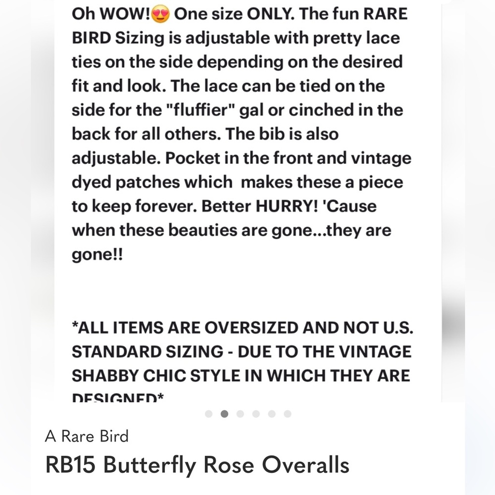 A RARE BIRD BUTTERFLY ROSE OVERALLS NWT sz OS - Picture 11 of 11